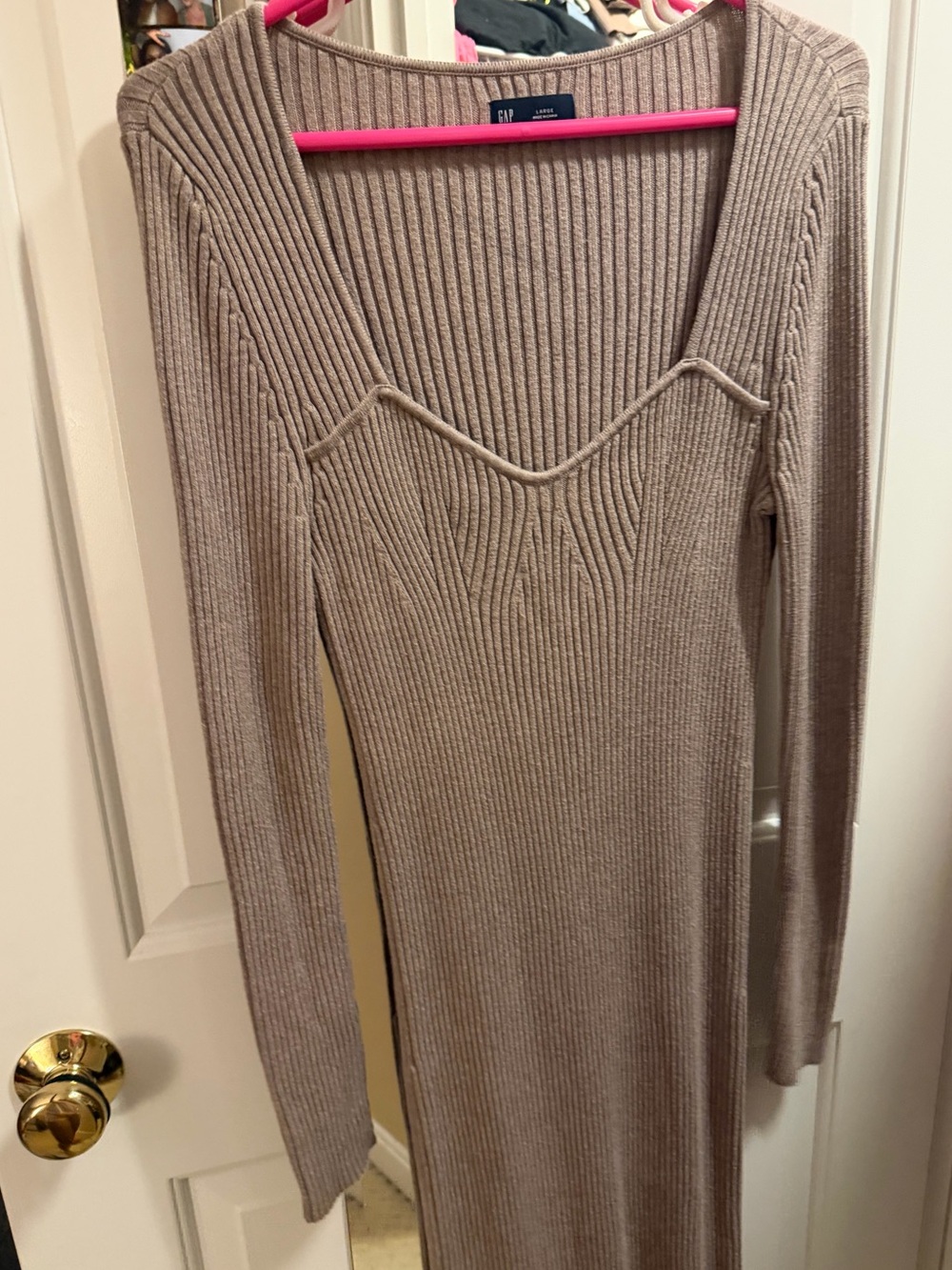 GAP Ribbed Long-Sleeve Midi Dress in Taupe